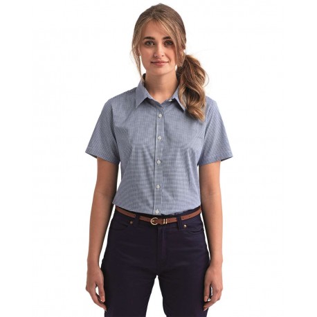 RP321 Artisan Collection by Reprime RP321 Women's Microcheck Gingham Short Sleeve Cotton Dress Shirt NAVY/ WHITE