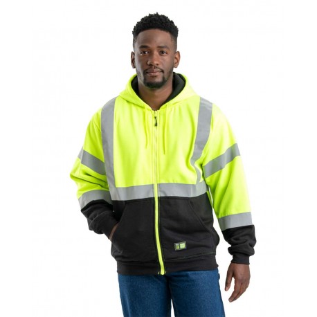 HVF023 Berne Apparel HVF023 Hi-Vis Class 3 Color Block Full-Zip Hooded Sweatshirt Hi Vis Yellow