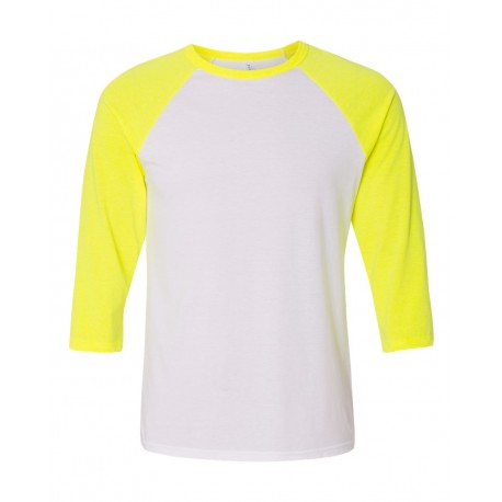 3200 BELLA + CANVAS 3200 Three-Quarter Sleeve Baseball Tee White/ Neon Yellow