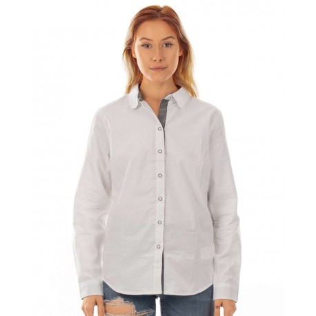 5290 Burnside 5290 Women's Peached Poplin Long Sleeve Shirt White/ Black Dot